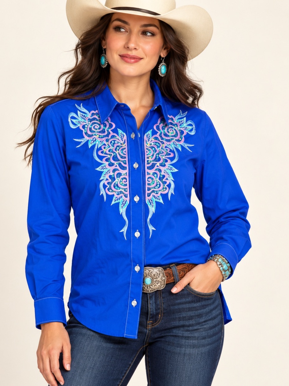 Vtg Bob Mackie Wearable Art Cobalt Blue Sequin Embroidered Western Shirt